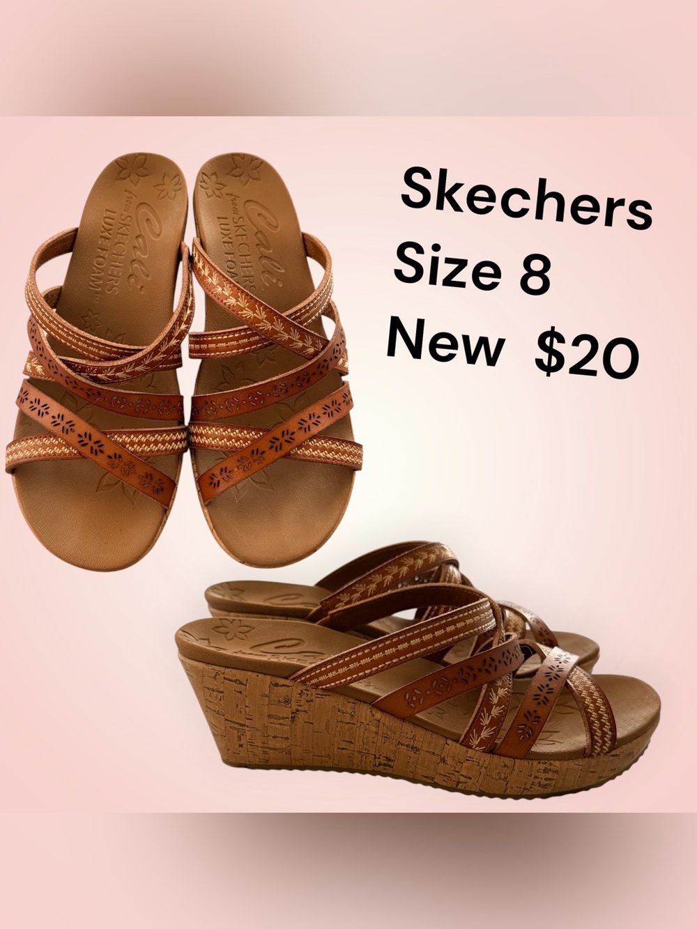 Skechers Brown Multi-Strap Cork-Look Wedge Sandals